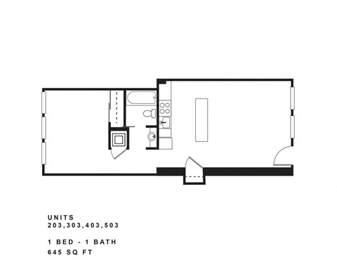 Floor plan for 1 bed, 1 bath, 645 sqft
